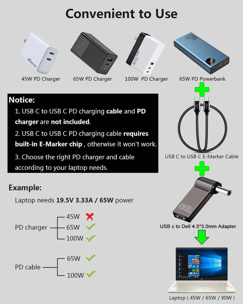 Tobo 100W PD USB Female Type-C to Male DC Power Supply Converter Charging Adapter Plug Notebook and Laptop Tip Connector Compatibility of Laptop Charger pin hp19.5V 3.34A,19.5V 4.62A,etc TD-1264CC - Image 5