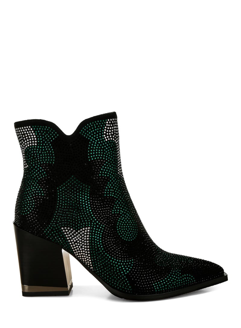 London Rag Rhinestones Embellished Block Heel Boots in Green  - Image 1