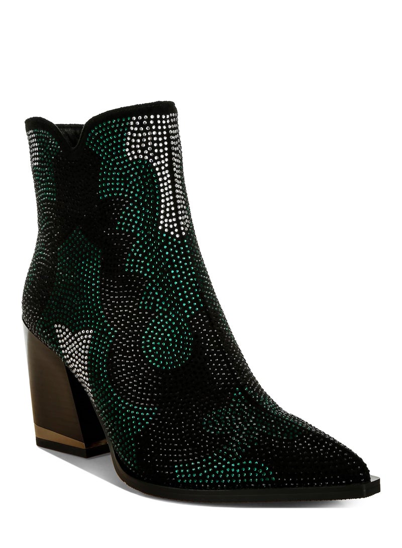 London Rag Rhinestones Embellished Block Heel Boots in Green  - Image 2