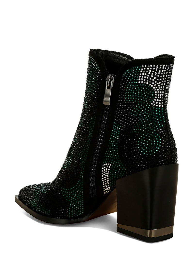 London Rag Rhinestones Embellished Block Heel Boots in Green  - Image 3