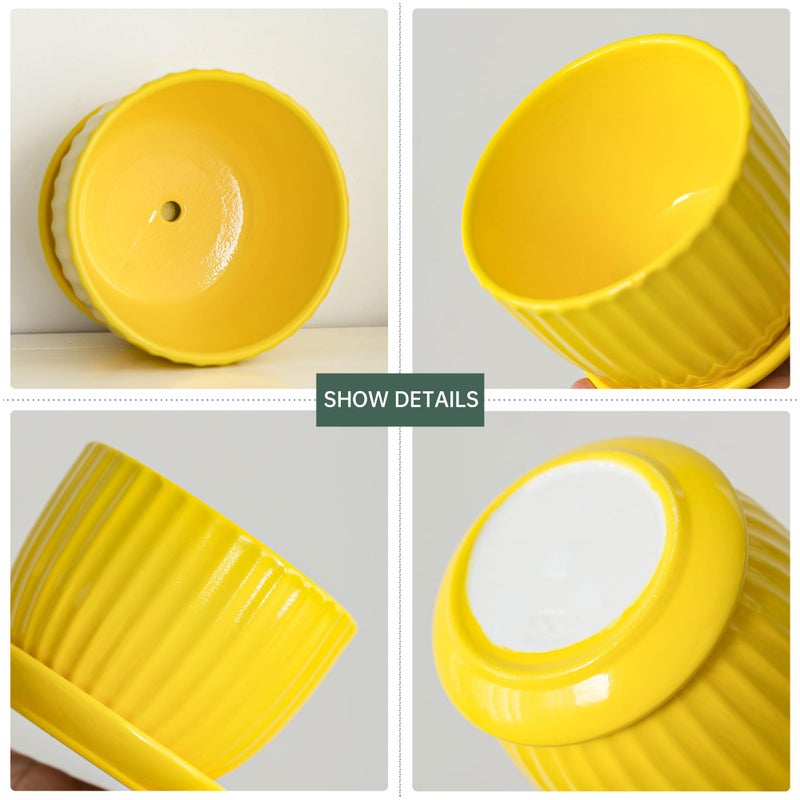 Ton Sin Ceramic Flower Pots,Yellow Plant Pots for Indoor Plants,4.1+5.1+6.5 inch Ceramic Plant Pots with Tray,Medium Indoor Planters for Aloe Cactus Decorative Pots with Drainage Hole (Set of 3) - Image 4