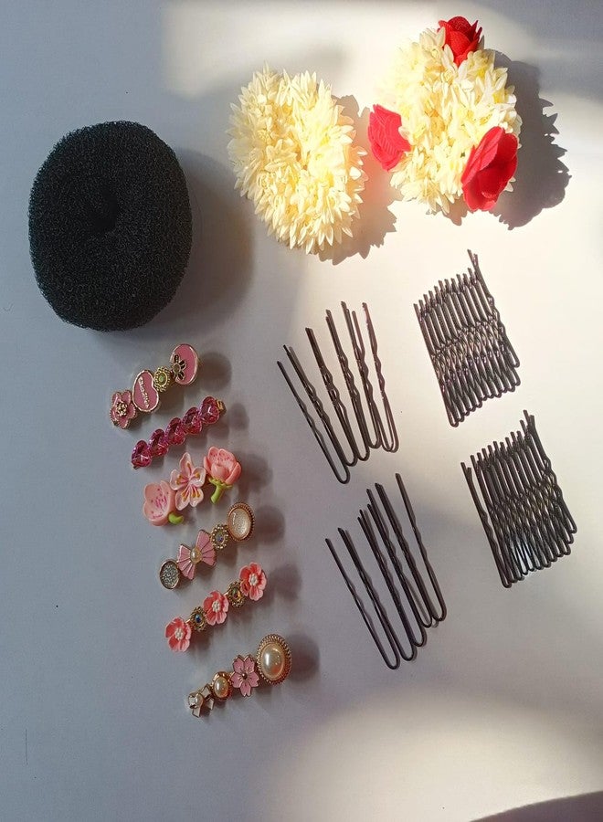 CLEZARO Aesthetic Clips Combo With Essential Hair Accessories (6 Pcs Pearl Clips + 1 Pcs Mogra Gajra + 1Pcs Rose Gajra + 48 Pcs Bob Pins + 10 Pcs Juda Pin + 1 Pcs Juda Bun) (S45) - Image 1