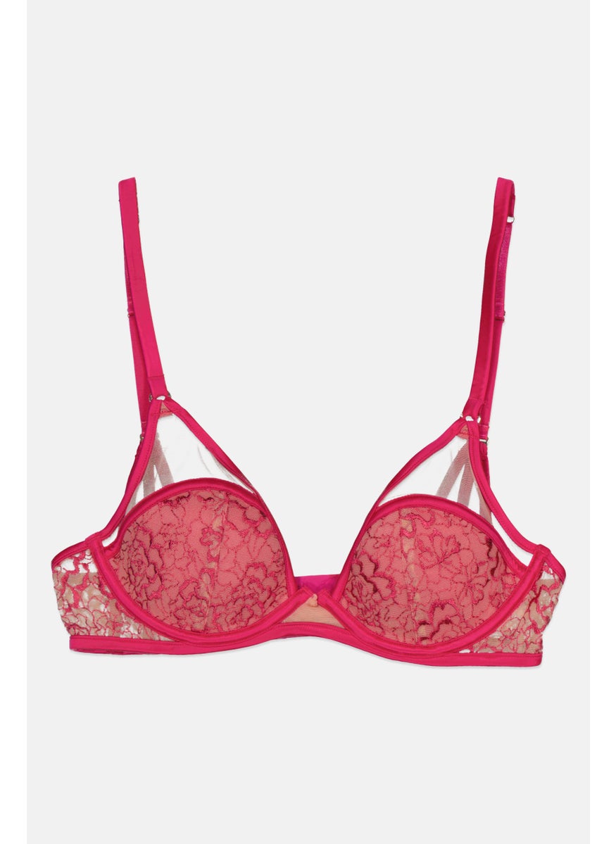 GUESS Women Textured Padded Lace Bra, Pink  - Image 1