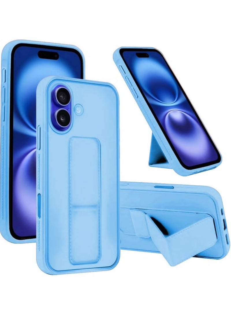 iPhone 16 Plus Sky Blue Magnetic Car Mount Kickstand Case – Premium Silicone Multi-Stand with Hand Strap Grip - Image 1