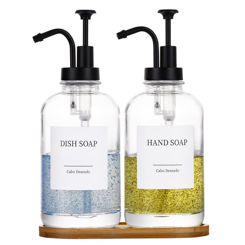Cabo Deseado Glass Soap Dispenser with Pump, Dish and Hand Soap Dispenser for Kitchen Bathroom Set, Clear Glass Dispenser Set of 2 Pack with 18 Stickers Funnel Bamboo Tray 500ml 18oz / Each Bottle Sliver Pump - Image 1
