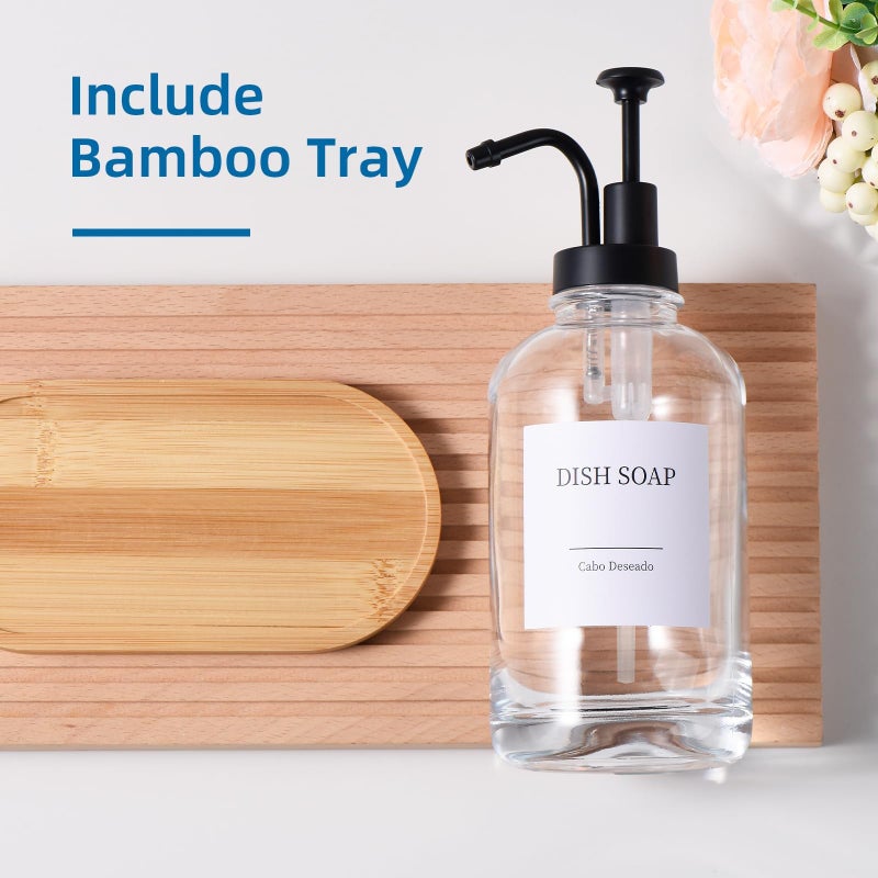 Cabo Deseado Glass Soap Dispenser with Pump, Dish and Hand Soap Dispenser for Kitchen Bathroom Set, Clear Glass Dispenser Set of 2 Pack with 18 Stickers Funnel Bamboo Tray 500ml 18oz / Each Bottle Sliver Pump - Image 4