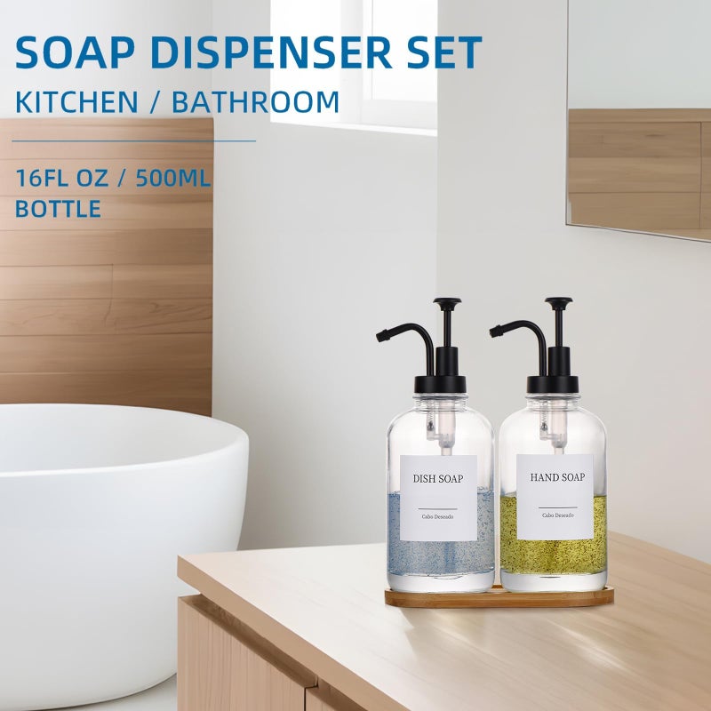 Cabo Deseado Glass Soap Dispenser with Pump, Dish and Hand Soap Dispenser for Kitchen Bathroom Set, Clear Glass Dispenser Set of 2 Pack with 18 Stickers Funnel Bamboo Tray 500ml 18oz / Each Bottle Sliver Pump - Image 2