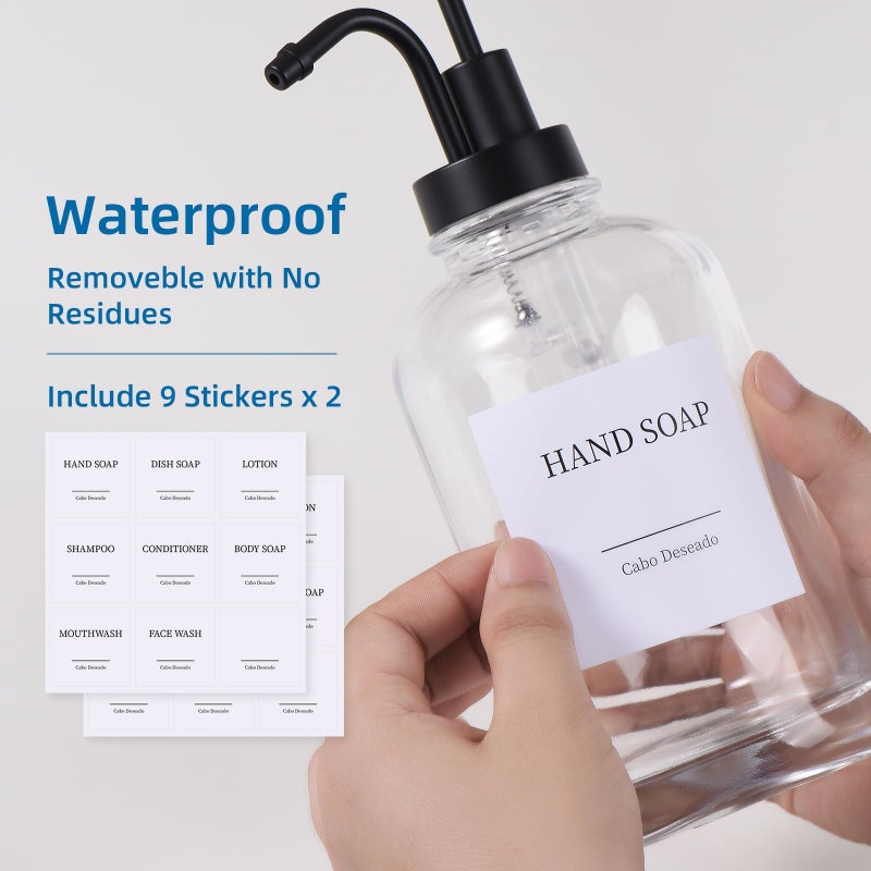 Cabo Deseado Glass Soap Dispenser with Pump, Dish and Hand Soap Dispenser for Kitchen Bathroom Set, Clear Glass Dispenser Set of 2 Pack with 18 Stickers Funnel Bamboo Tray 500ml 18oz / Each Bottle Sliver Pump - Image 5