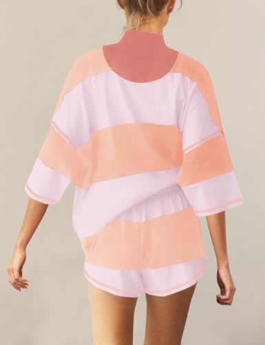 Panadila Women Striped Workout Set Two Piece Outfit Tracksuit Oversized Lounge Set Top and Shorts Sets with Pockets(Purple Yellow Combo,M) - Image 3