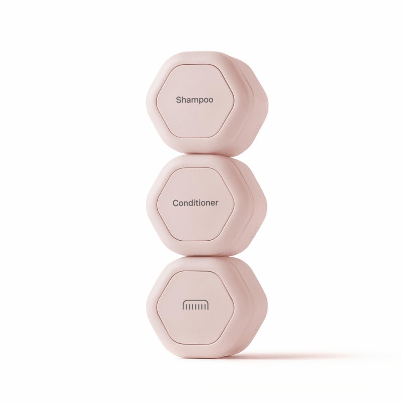 Cadence Travel Containers Haircare Capsule Set - Magnetic Containers with Lids,Carry On Travel Essentials For Women/Men - 3 Flex Mediums (1.32oz) - Shampoo, Conditioner & Comb Icon Labels - Petal - Image 1