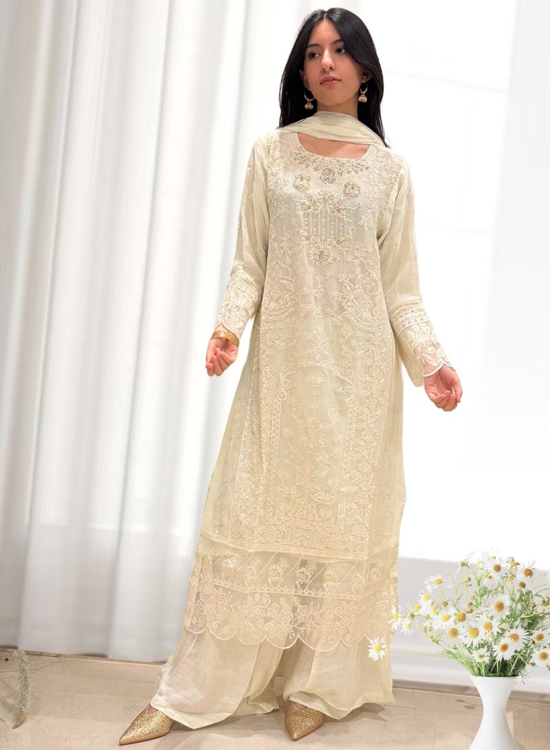 Winchell's Embroidered Pure Chiffon Shirt with Matching Dupatta & Raw Silk Trousers | Medium | Off White - Image 1