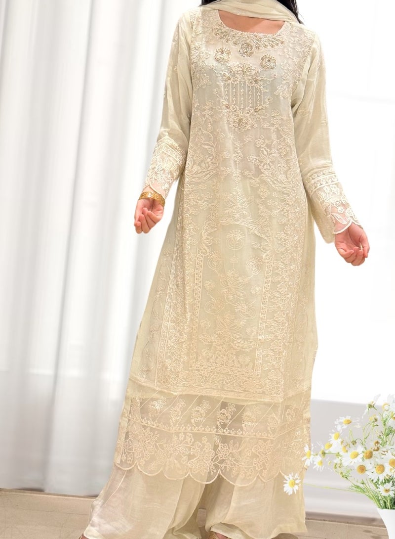 Winchell's Embroidered Pure Chiffon Shirt with Matching Dupatta & Raw Silk Trousers | Medium | Off White - Image 2