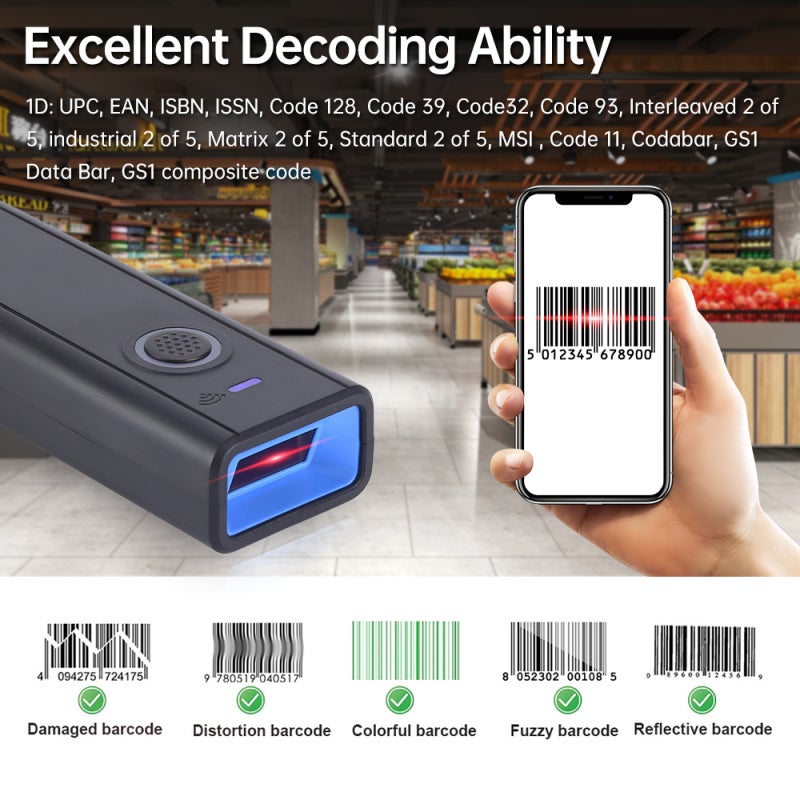 ماسح رموز الشريط أحادي الأبعاد 1D
اتصال لاسلكي 2.4G/بلوتوث/باستخدام كابل USB
قارئ رموز شريطية صغير يدعم رموز الشاشة والورق
متوافق مع الأنظمة الأساسية ويندوز/لينكس/ماك لجرد مخزون كتب المكتبات - Image 5