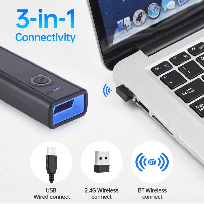 ماسح رموز الشريط أحادي الأبعاد 1D
اتصال لاسلكي 2.4G/بلوتوث/باستخدام كابل USB
قارئ رموز شريطية صغير يدعم رموز الشاشة والورق
متوافق مع الأنظمة الأساسية ويندوز/لينكس/ماك لجرد مخزون كتب المكتبات - Image 4
