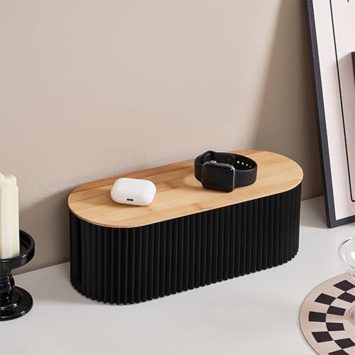 Soko Cable Management Box with Bamboo Lid | Cords Hider & Surge Protector | Concealer for Power Strips, Router, TV, Gadget Wires Storage Organiser Tray for Desk, Table - Home, Office - Black - Image 1