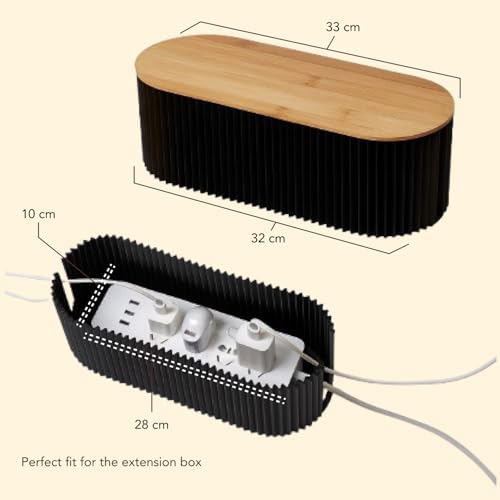 Soko Cable Management Box with Bamboo Lid | Cords Hider & Surge Protector | Concealer for Power Strips, Router, TV, Gadget Wires Storage Organiser Tray for Desk, Table - Home, Office - Black - Image 2