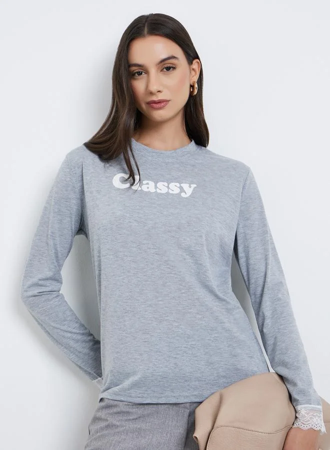 Styli Grey Typography Print Lace Cuffs Regular Fit T-Shirt
