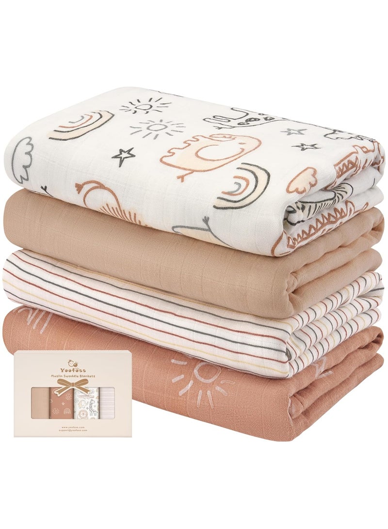 YOOFOSS Yoofoss Muslin Swaddle Blankets, 4-Pack Receiving Blankets for Baby Boys and Girls, 47 x 47 Inches Baby Blanket Neutral Swaddle Wrap 70% Rayon from Bamboo and 30% Organic Cotton Brown Animals - Image 1