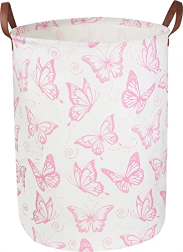 CLOCOR Pink Laundry Basket,Waterproof Nursery Hamper for Baby Girl ,Collapsible Storage Baskets for Girls Bedroom,Kids Toys Storage Bin,Room Decor,Gift Basket（Pink Butterfly - Image 1