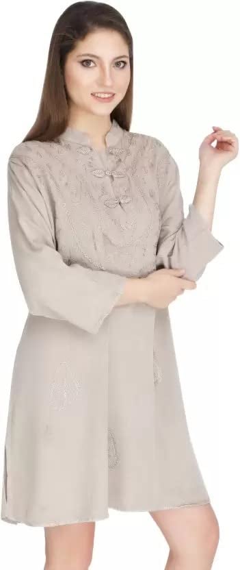 Ukal Women's Plus Size Tunic Tops Summer Long Sleeve Round Neck Blouses-Dress Ruffle Flowy Up T Shirts (Light Beige) - Image 3