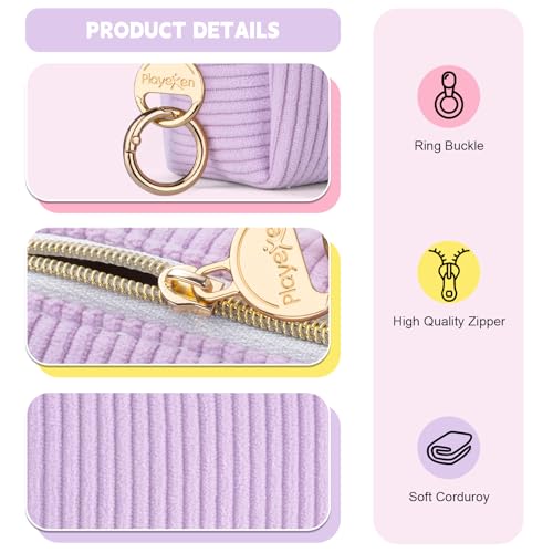 Playexen Mini Makeup Bag, Corduroy Small Cosmetic Bag for Purse with Ring Buckle, Portable Travel Makeup Pouch for Lipsticks, Chapsticks, Coin, Earphone, Credit Card (Beige) - Image 3