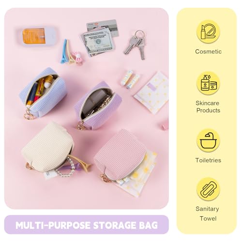 Playexen Mini Makeup Bag, Corduroy Small Cosmetic Bag for Purse with Ring Buckle, Portable Travel Makeup Pouch for Lipsticks, Chapsticks, Coin, Earphone, Credit Card (Beige) - Image 4