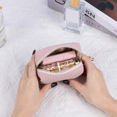 Playexen Mini Makeup Bag, Corduroy Small Cosmetic Bag for Purse with Ring Buckle, Portable Travel Makeup Pouch for Lipsticks, Chapsticks, Coin, Earphone, Credit Card (Beige) - Image 5