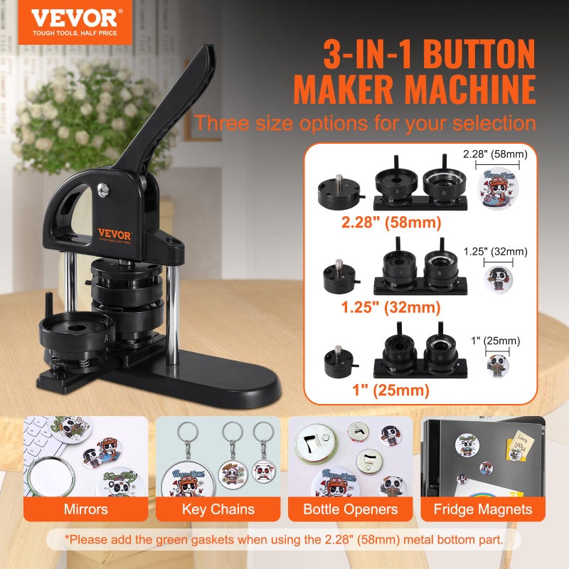 VEVOR Button Maker, 1/1.25/2.28 inch(25/32/58mm) 3-in-1 Pin Maker with 300pcs Button Parts, Ergonomic Arc Handle Punch Press Kit, Button Maker Machine with Panda Magic Book, for Children DIY Gifts - Image 2