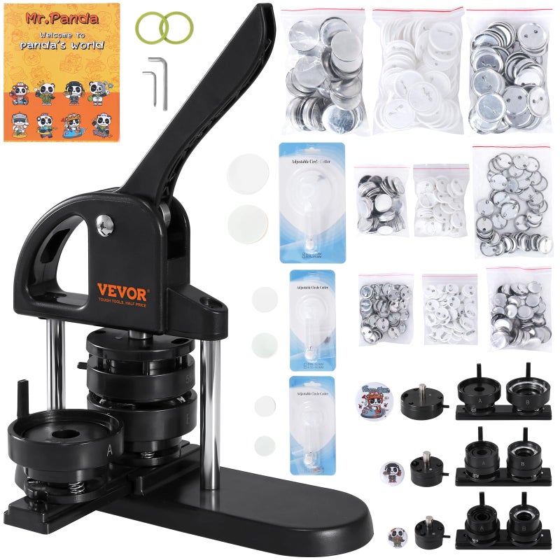 VEVOR Button Maker, 1/1.25/2.28 inch(25/32/58mm) 3-in-1 Pin Maker with 300pcs Button Parts, Ergonomic Arc Handle Punch Press Kit, Button Maker Machine with Panda Magic Book, for Children DIY Gifts - Image 1