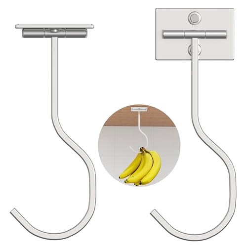 bussdis 2-Pack Self Adhesive Banana Hook, Metal Banana Hanger Hook,Under Cabinet Hook For Bananas Or Kitchen Items, Foldable Banana Hook, Folds Up With Magnets When Not In Use, Keep Bananas Fresh, Silver - Image 1