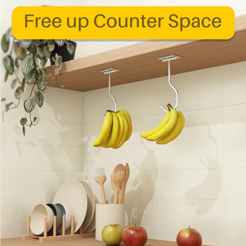 bussdis 2-Pack Self Adhesive Banana Hook, Metal Banana Hanger Hook,Under Cabinet Hook For Bananas Or Kitchen Items, Foldable Banana Hook, Folds Up With Magnets When Not In Use, Keep Bananas Fresh, Silver - Image 4