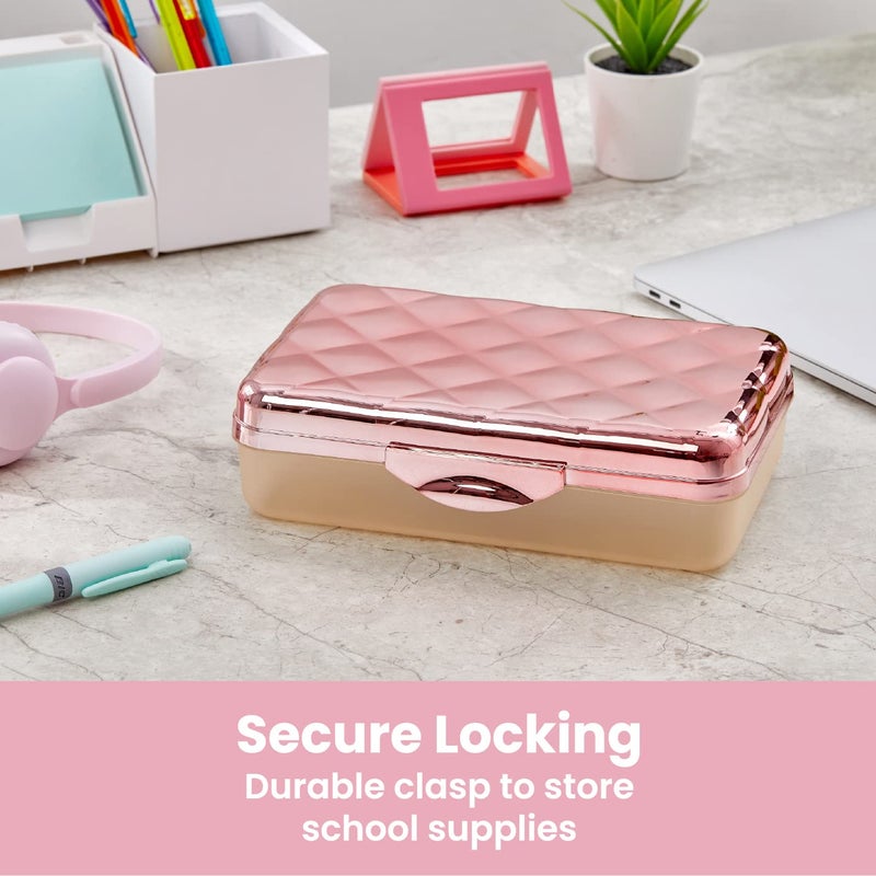 It's Academic Metallic Pencil Case Box, Hard Plastic, Stylish Quilted-Pattern Lid, Rose Gold - Image 3