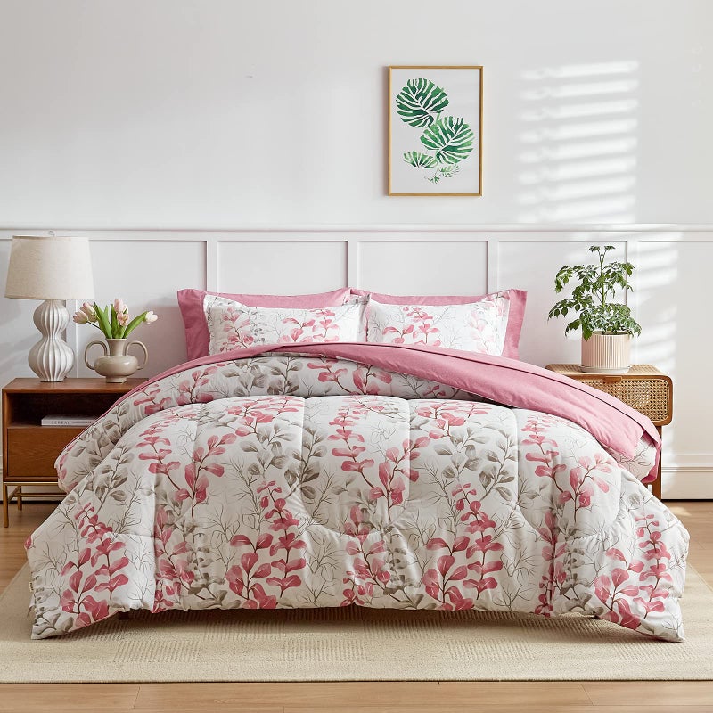 Pink Floral Comforter Sheet Set Bed in a Bag 7 Pieces Queen Size Pink Gray Flower Leaves Bedding Set 1 Comforter 2 Pillow Shams 1 Flat Sheet 1 Fitted Sheet 2 Pillowcases