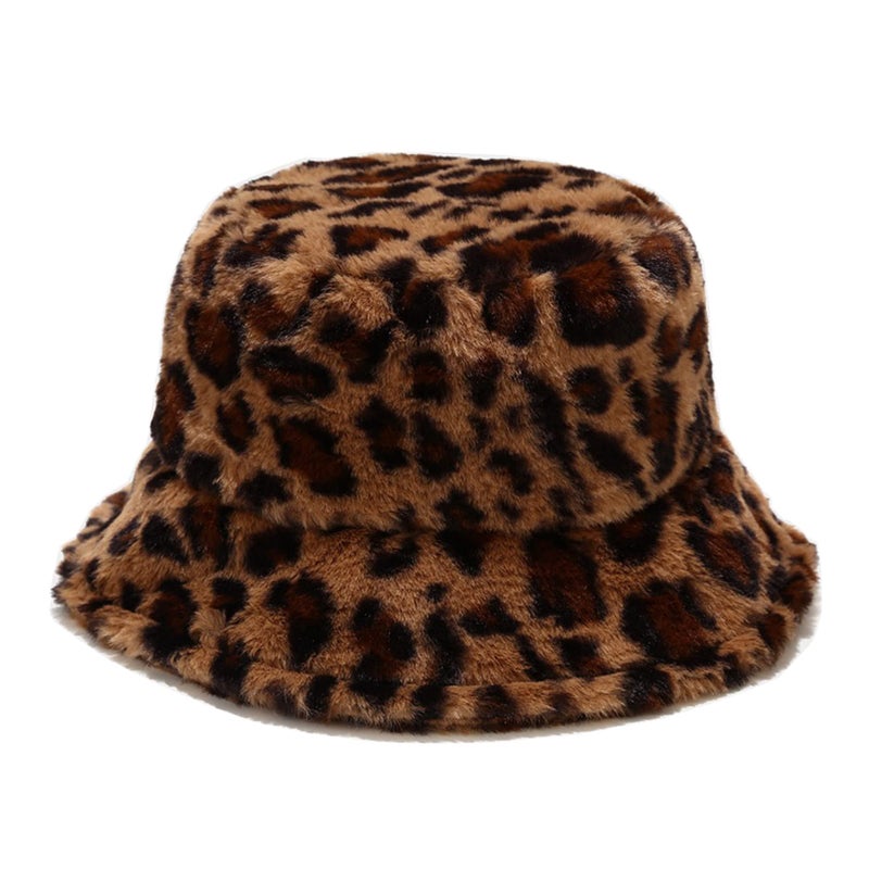 Dirholl Women's Winter Faux Fur Fuzzy Warm Bucket Hat Small Leopard Camel - Image 1