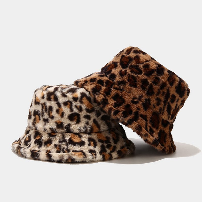 Dirholl Women's Winter Faux Fur Fuzzy Warm Bucket Hat Small Leopard Camel - Image 5