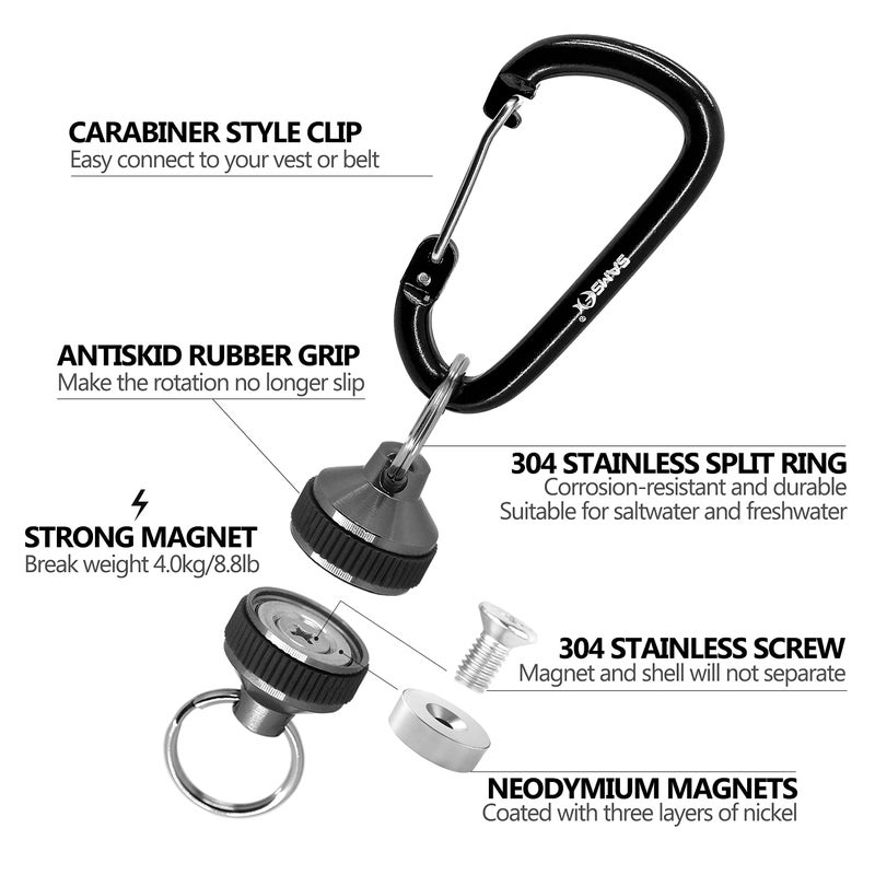 SAMSFX Fishing Strongest Magnetic Net Release Magnet Clip Holder Retractor with Coiled Lanyard (Black Grips) - Image 2