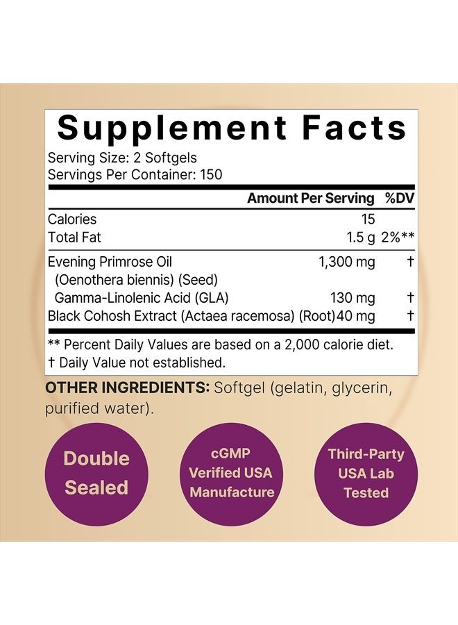 NatureBell Evening Primrose Oil with Black Cohosh, 1,300mg Per Serving, 300 Mini-Softgels | Cold Pressed Seeds, Retains 130mg GLA for Womens Health & Skin Care Support – Hexane Free, Non-GMO - Image 2