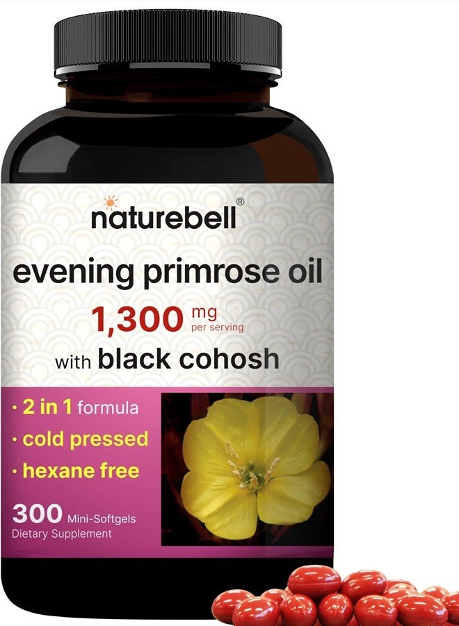 NatureBell Evening Primrose Oil with Black Cohosh, 1,300mg Per Serving, 300 Mini-Softgels | Cold Pressed Seeds, Retains 130mg GLA for Womens Health & Skin Care Support – Hexane Free, Non-GMO - Image 1