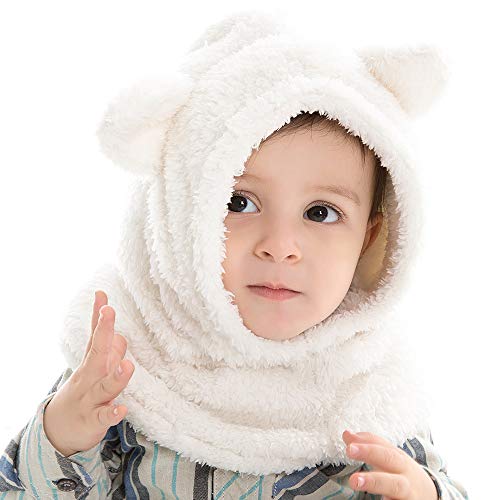 JANGANNSA Baby Girls Boys Winter Warm Scarf Hat Kids Thick Earflap Hood Cap with Ear 6M-7T (White,S) - Image 1