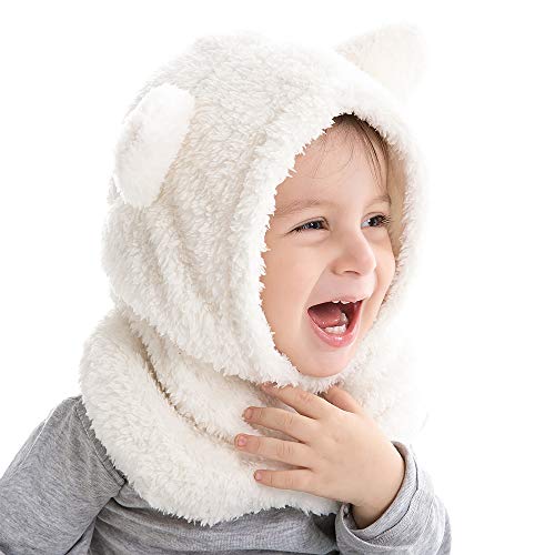JANGANNSA Baby Girls Boys Winter Warm Scarf Hat Kids Thick Earflap Hood Cap with Ear 6M-7T (White,S) - Image 2