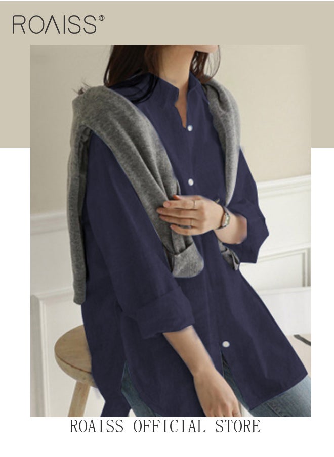 roaiss - Ladies Comfortable Lapel Shirt for Daily Commute - Single-Breasted Long Sleeve Top with Simple Solid Color Design and Loose Fit - Image 1