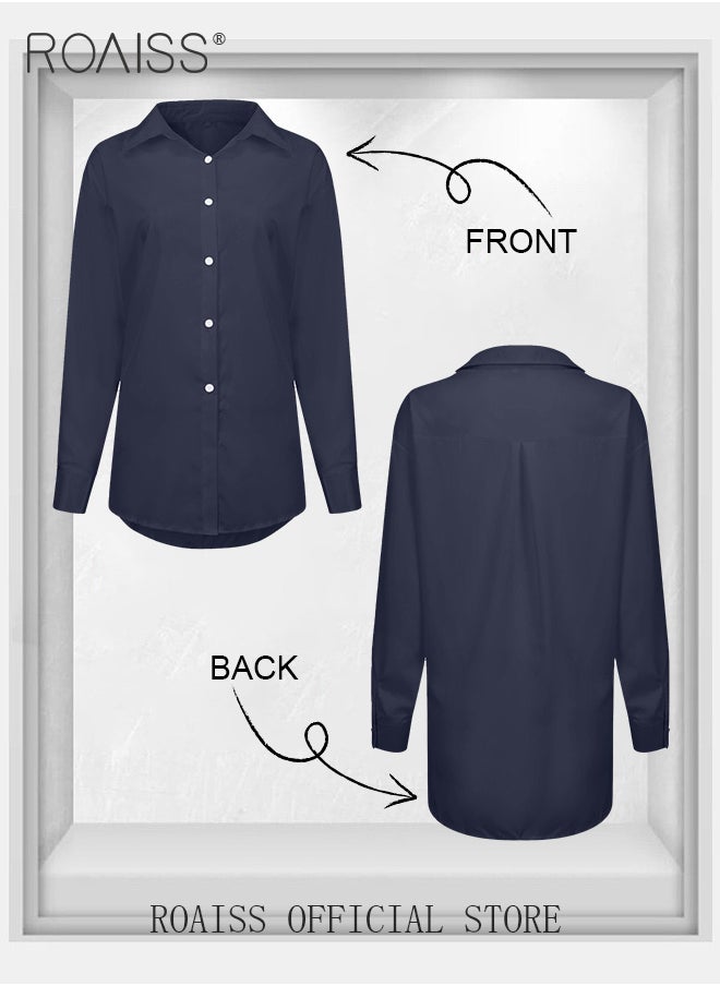 roaiss - Ladies Comfortable Lapel Shirt for Daily Commute - Single-Breasted Long Sleeve Top with Simple Solid Color Design and Loose Fit - Image 1