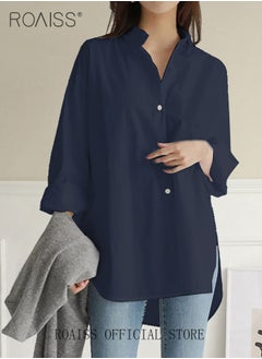 roaiss Ladies Comfortable Lapel Shirt for Daily Commute - Single-Breasted Long Sleeve Top with Simple Solid Color Design and Loose Fit  - Image 3