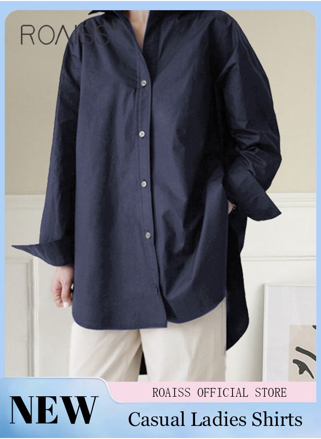 roaiss - Ladies Comfortable Lapel Shirt for Daily Commute - Single-Breasted Long Sleeve Top with Simple Solid Color Design and Loose Fit - Image 1