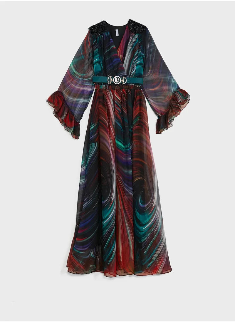 List Surplice Neck Ruffle Sleeve Belted Dress