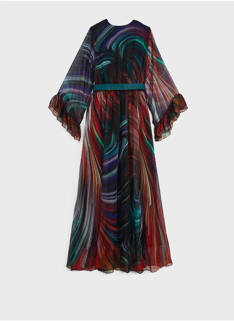 List Surplice Neck Ruffle Sleeve Belted Dress