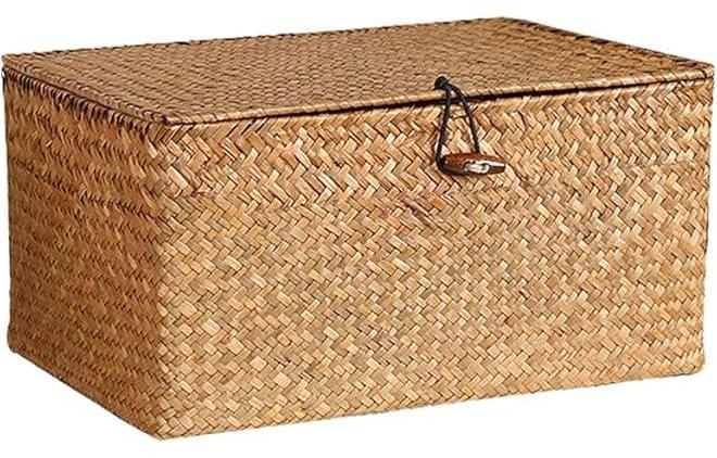 ميكسد سلة الرف سلة مع الغطاء ، سلة تخزين سلة العشب البحري المنسوجة يدوياً مربعات سلة منزلية مستطيلة لخزانة الملابس الرف منظم المنزل (الكراميل) - Image 1