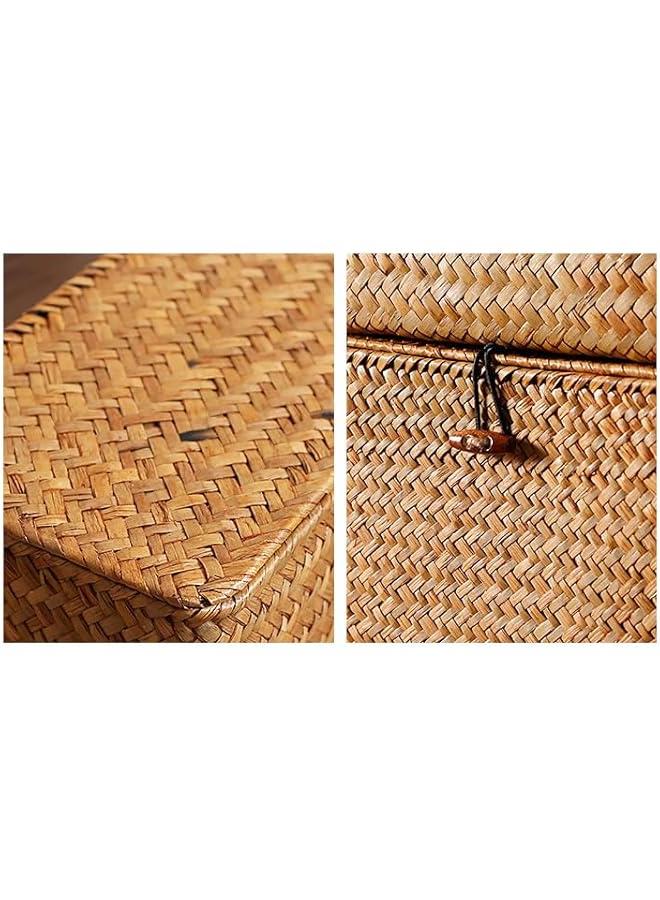 ميكسد سلة الرف سلة مع الغطاء ، سلة تخزين سلة العشب البحري المنسوجة يدوياً مربعات سلة منزلية مستطيلة لخزانة الملابس الرف منظم المنزل (الكراميل) - Image 5