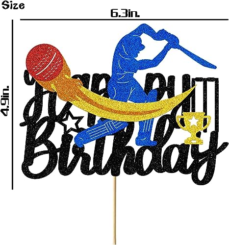 Confetti Cricket Theme Happy Birthday Cake Topper – Multilayer Glitter Cardstock – Cricket Player, Bat, Ball & Trophy – Sports Birthday Party Decoration - Image 3