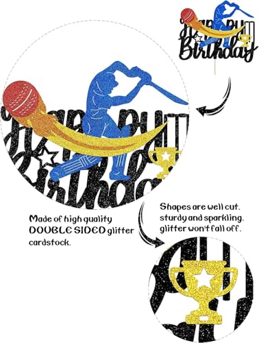 Confetti Cricket Theme Happy Birthday Cake Topper – Multilayer Glitter Cardstock – Cricket Player, Bat, Ball & Trophy – Sports Birthday Party Decoration - Image 2